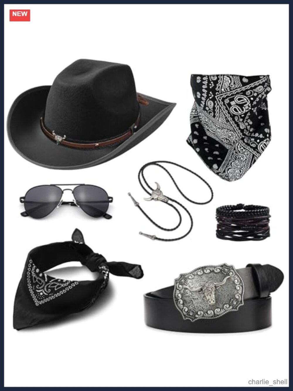 Western Cowboy Costume Accessory Set Felt Hat Bolo Tie Belt Halloween Cosplay